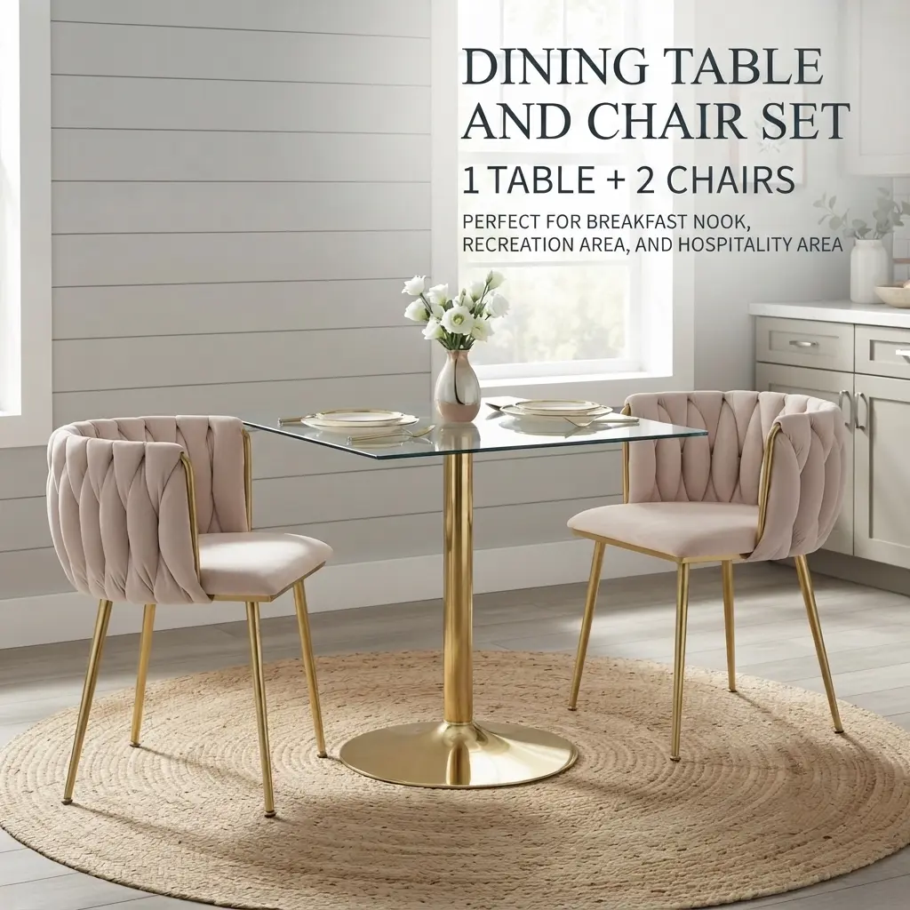 3-Piece Dining Set w/ Tempered Glass Table & 2 Upholstered Chairs, Space-Saving Breakfast Nook Table for Kitchen, Dining Room, Beige+Gold