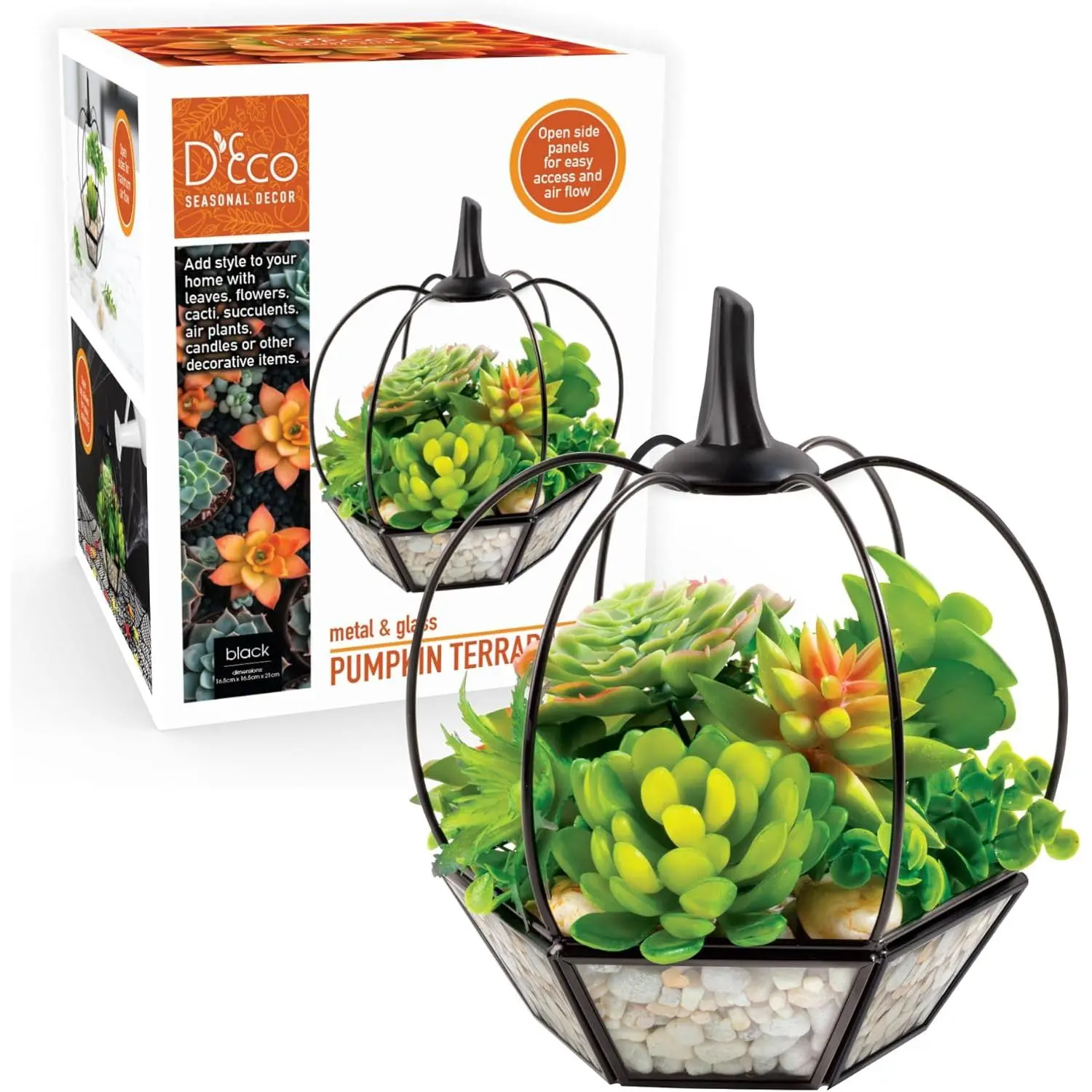 D'Eco Glass Pumpkin Plant Terrarium (7x7x8) - Indoor & Outdoor Black Trimmed Plant Display - Decorations for Home - Great Decor