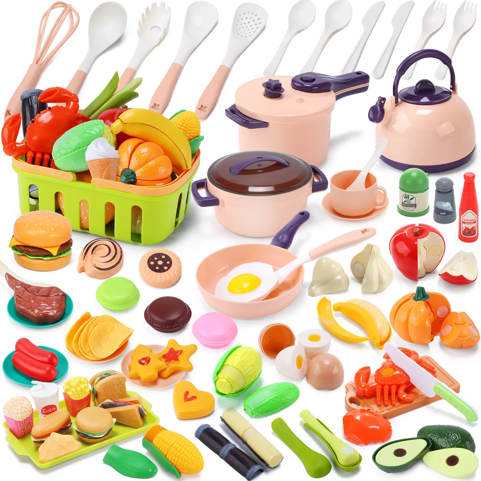 Kids Play Kitchen Accessories Toy, Complete Cooking Playset with Peelable & Cuttable Play Food, Pots & Pans, Utensils, Shopping Basket, Tray, Learning Gift for Toddlers Age 3-6