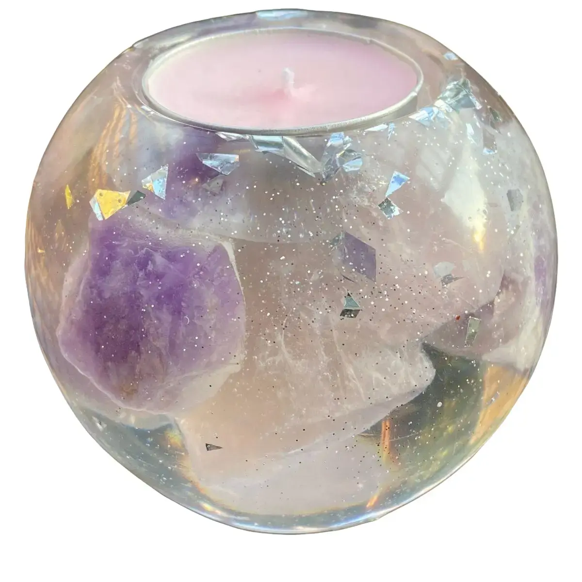 Amethyst & Rose Quartz Crystal Candle Holder with Tea Light – Healing, Love, Peace & Balance Energy | Spiritual Home Decor | Meditation & Self Care Gift