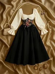 Romantic Valentine's Day Vintage Palace Print Dress, Elegant Long Sleeve Bodycon Dress, Holiday Women's Fashion, French Style