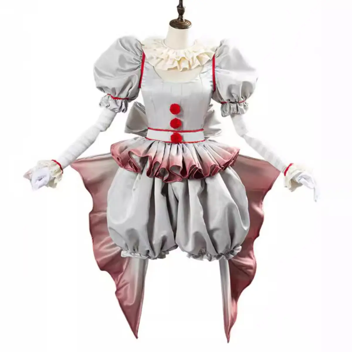 Pennywise Pink Clown Costume Set with Bubble Sleeves and Red Balls for Women Horror Cosplay