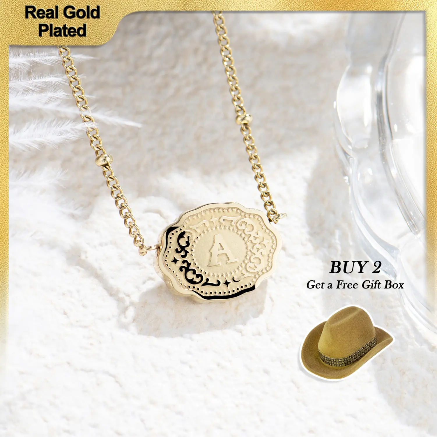 Holylegend 14K Real Gold-Plated Mini Letter Scalloped Edge Pendant Necklace, Reversible Western Style Jewelry for Men & Women,Father's Day Gift