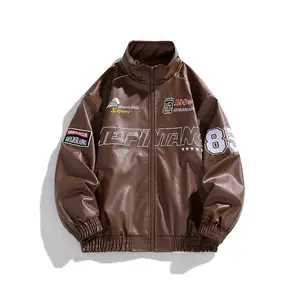 Men's Stand Collar Embroidered Moto Style Leather Jacket Motorcycle Jacket, PU Leather Material with Glossy Finish, Windproof and Wear-Resistant, Casual Street Fashion for Fall & Winter