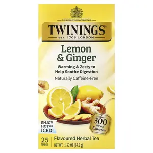 Twinings Flavored Herbal Tea, Lemon & Ginger, Caffeine Free, 25 Tea Bags, 1.32 oz (37.5 g)