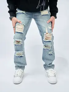 Men's Distressed Denim Jeans Set, Vintage Blue Wash Slim Straight Cotton Pants Y2K American Streetwear Vintage Distressed Jean Outfit Acid Wash Distressed Detail Denim Tears Jeans Trouser Fashion