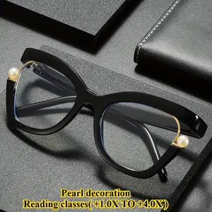 Fashionable large-frame glasses for men and women, featuring a personalized colorful cat-eye design, adorned with pearls and a gradient frame. These glasses have metal hinges and are ideal for computer use, reading, and everyday vision support, making