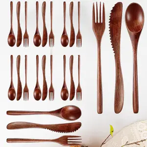 24 Pcs Wooden Utensils for Eating,Wooden Spoon Fork Knife Cutlery Set,Kitchen Wood Dinner Flatware Tableware Set Includes Spoon,Fork,Knife Reusable