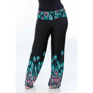 212 MAIN Women's Plus Size Ethnic Fashion Bottoms - Relaxed Fit Comfortable Printed Palazzo Pants, Chic Women's Clothes, Style PS550-106-2XL, 106-Teal Peacock
