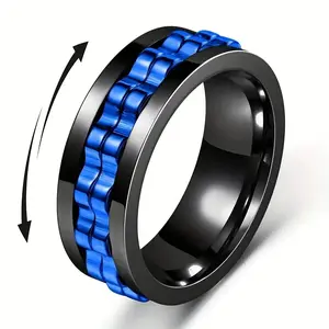 FASHION - Anti Stress Stainless Steel Ring For Men Gear Chain Rotating Anxiety Relief Spinning Fidget Rings Punk Jewelry Bague Homme