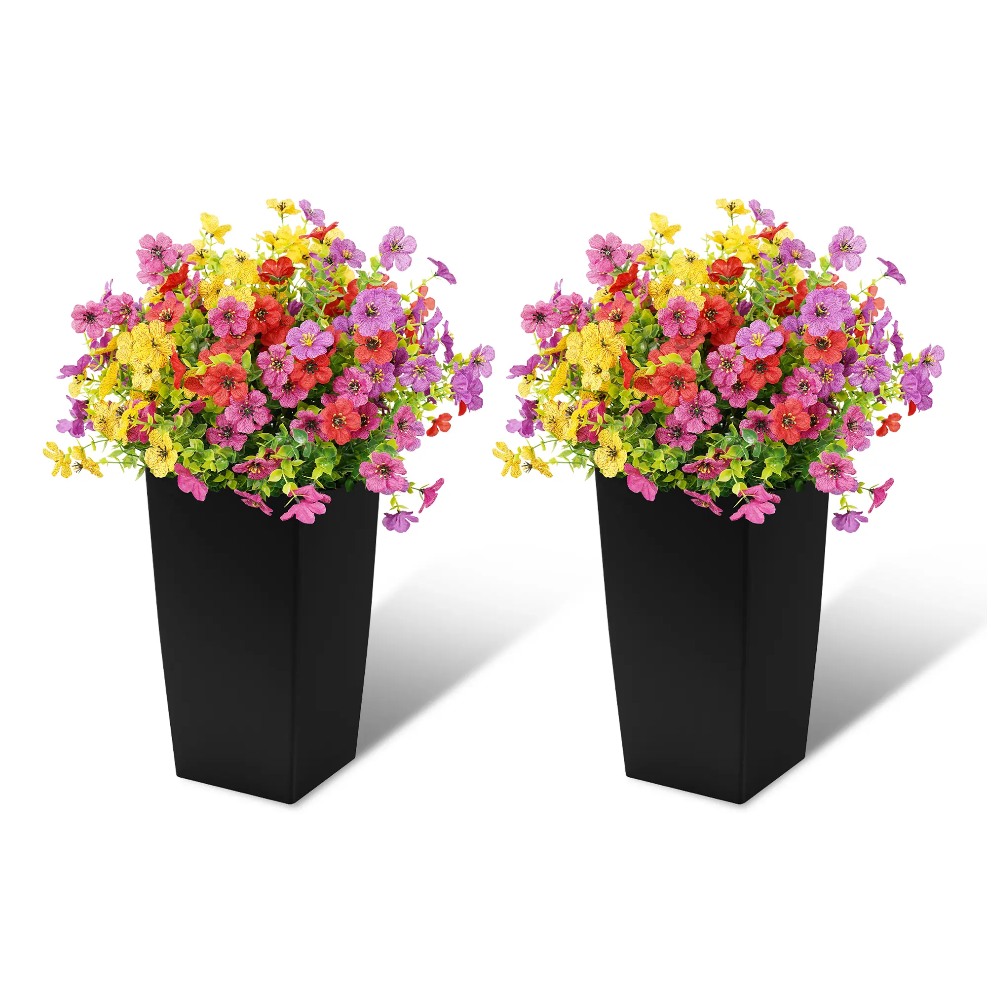 Set of 2 Artificial Flowers Outdoor with 2 Black Planters Total 60cm, Fake Silk Flowers Durable Faux Plants for front Porch, Patio, Garden Decoration home Colorful Faux Bouquet