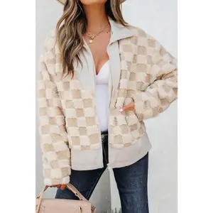 Checker Sherpa Corduroy Patchwork Zip-Up Jacket