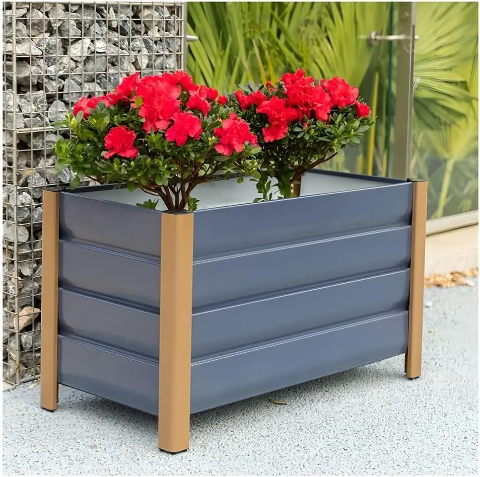 GAOMON Aluminum Planter Box 24"x16"x18", Modern Raised Garden Bed with Rounded Corners & Anti-Cut Edging, Deep Design with Drainage Holes for Outdoor Patio & Balcony, Gray