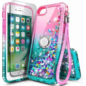 Compatible for iPhone 6 6S 7 8 Case, iPhone SE 3 2022/iPhone SE 2 2020 Case with Tempered Glass Screen Protector, Ring Holder, Girls Women Kids Liquid Glitter TPU Cute Case (Pink/Aqua)