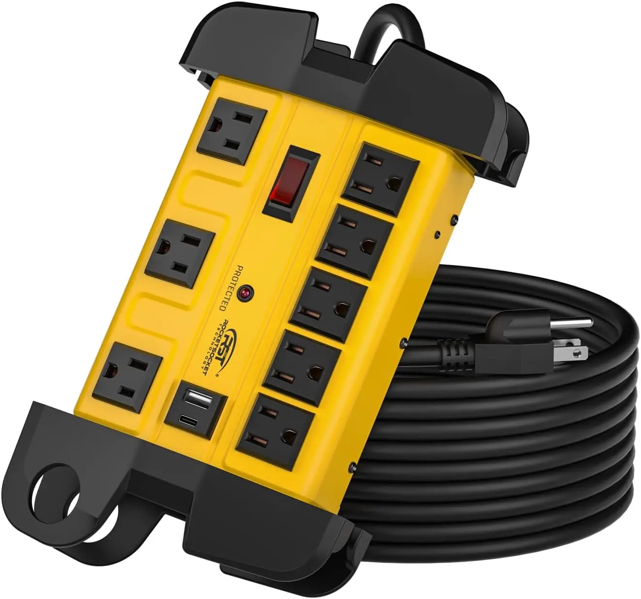 CRST Metal Surge Protector Power Strip - 8 Wide-Spaced Outlets with Cover, 1350J Protection, 15ft Cable, USB-C Input, USB-A Connectors, Plastic Charging Hub, Cord Wrap, Wall Mount Bracket - Home Electrical Accessories, Cable Management Tool, Wall Mounted