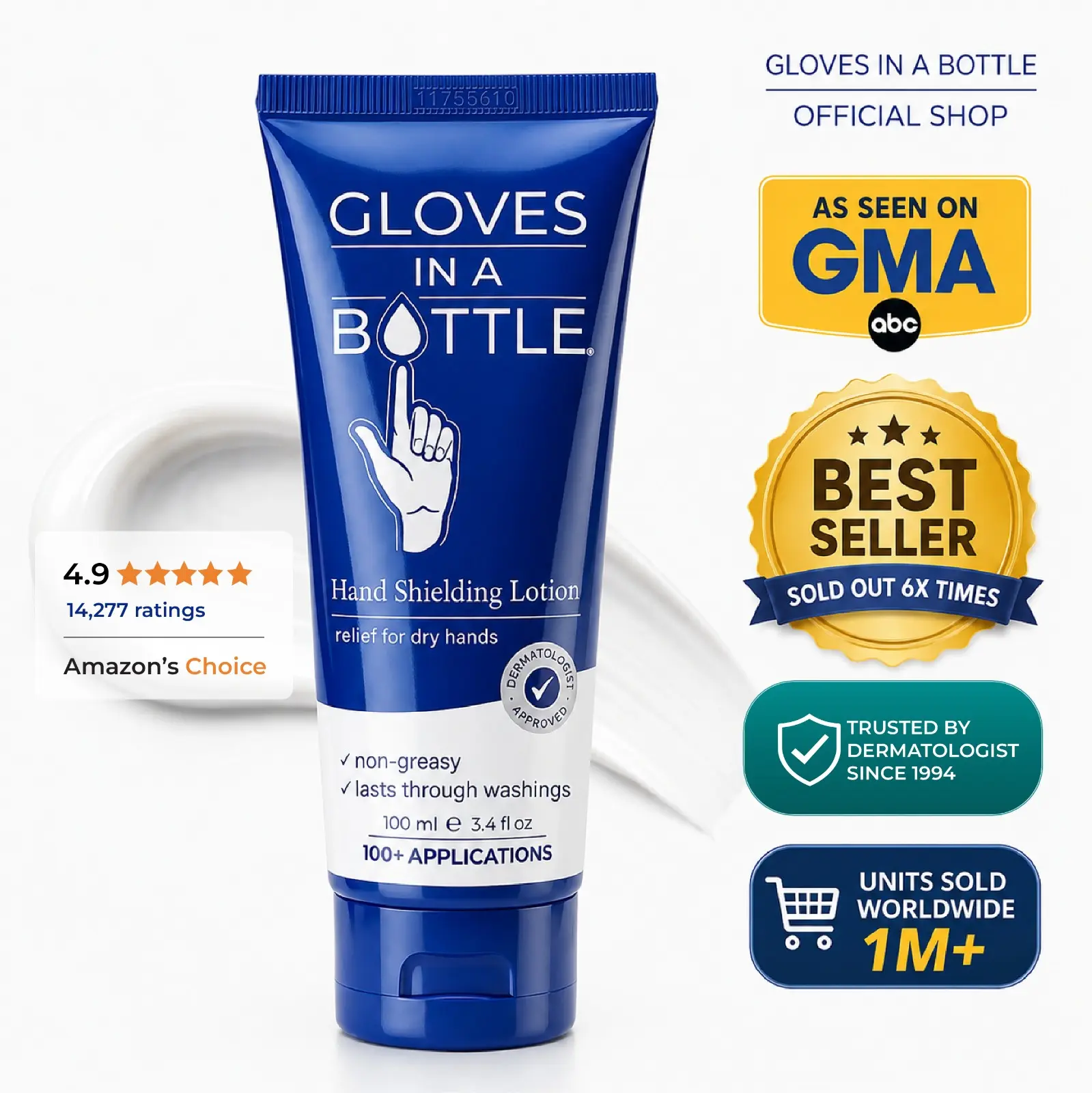 Gloves In A Bottle Hand Shielding Lotion 3.4 Oz - Invisible Barrier Technology, Wash-Resistant, Non-Greasy, Dermatologist Recommended for Dry Cracked Hands