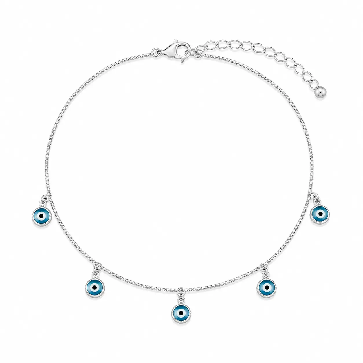 Delicate Evil Eye Motif Anklet in White Rhodium | Dainty Adjustable Chain for Women's Casual Wear, Beach & Vacation Jewelry