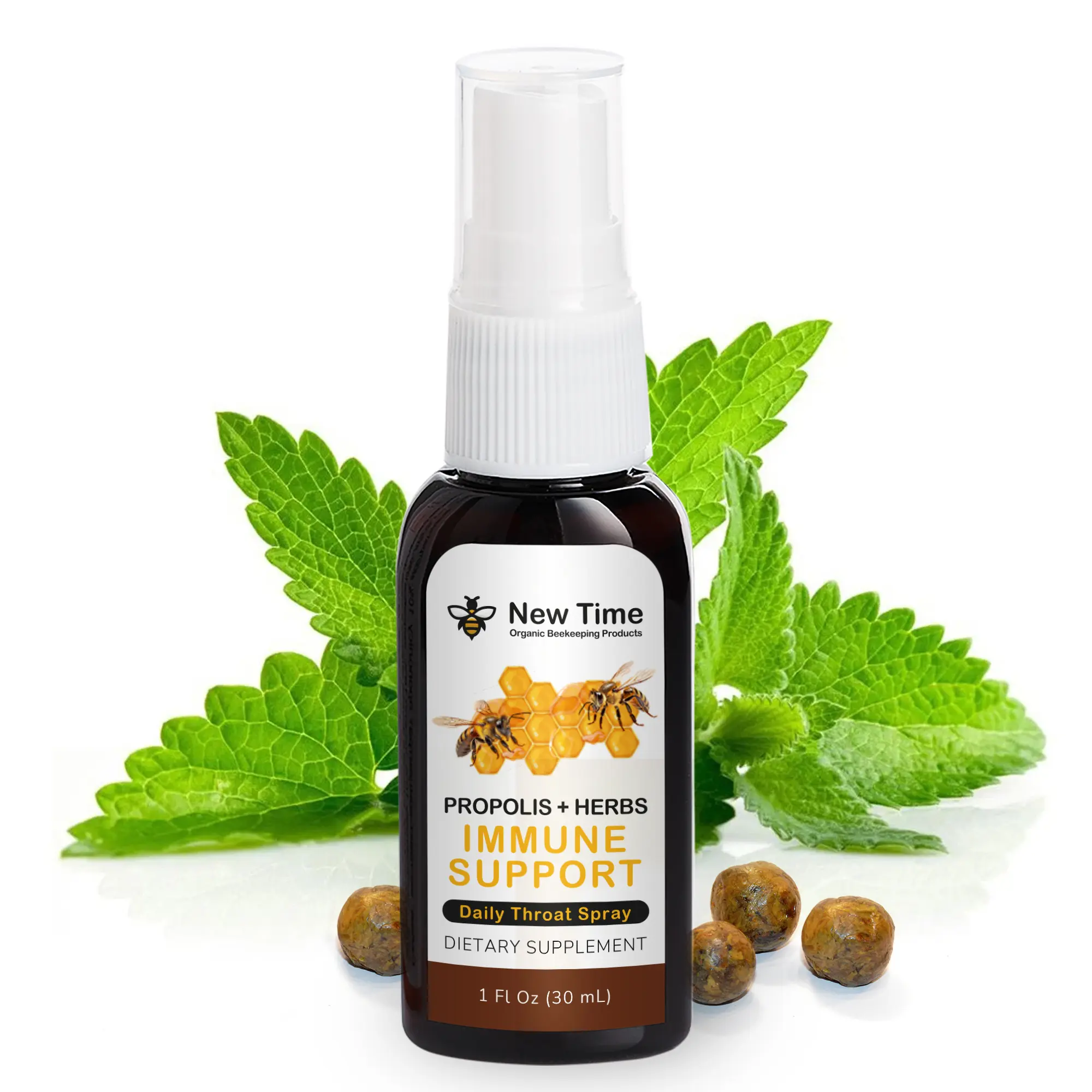 New Time Throat Spray with Propolis and Herbs for Immunity Support - 1 fl oz.(30 ml) Honey Oral