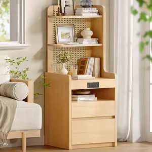 Sikaic Rattan Corner Tall Nightstand with Charging Station, Wood Bedside Table with 90° Angle Design and 6-Zone Storage, Anti-Tip Safety for Bedroom, Dorm or Apartment, Natural