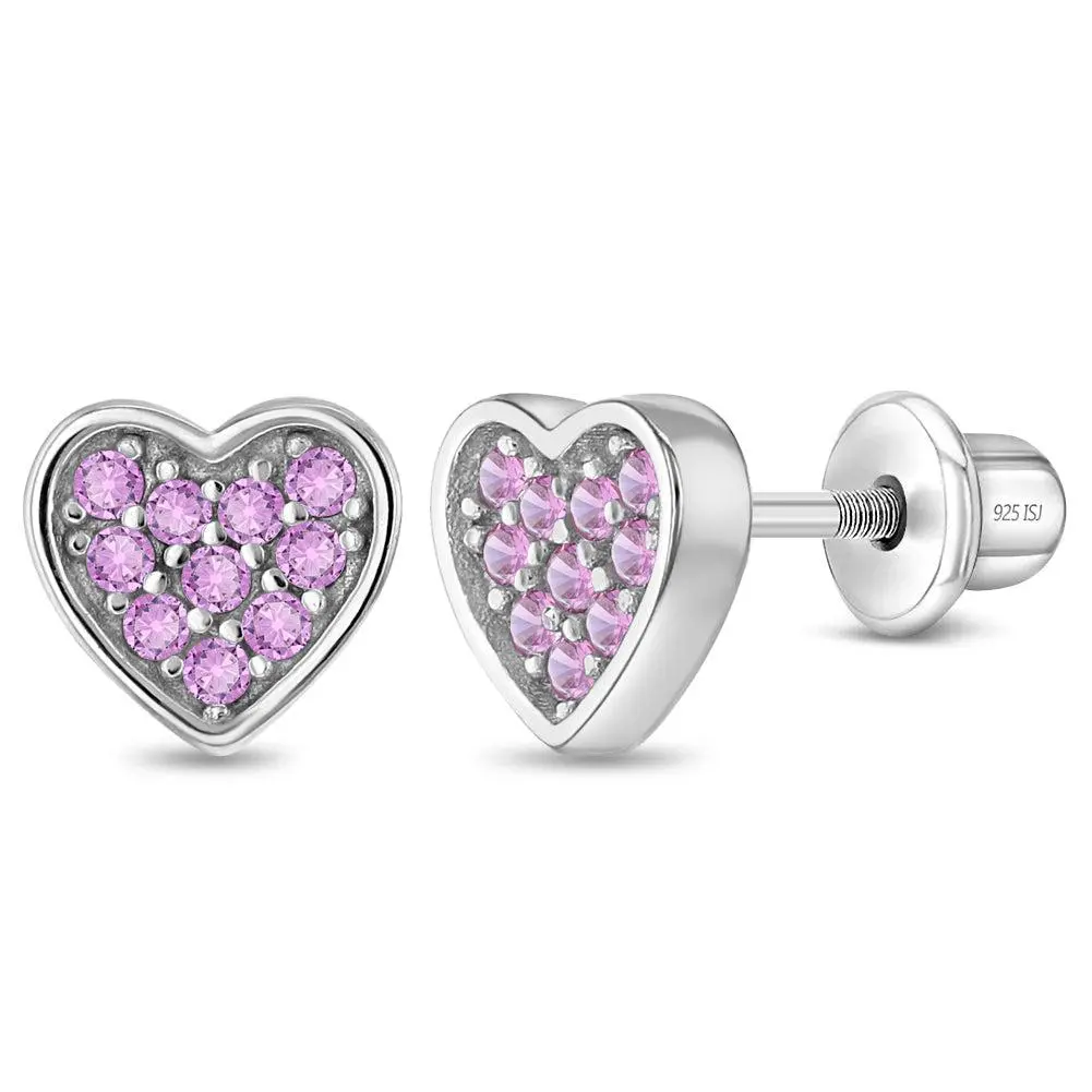 Heart Full of Gems CZ Baby / Toddler / Kids Earrings Screw Back - Sterling Silver