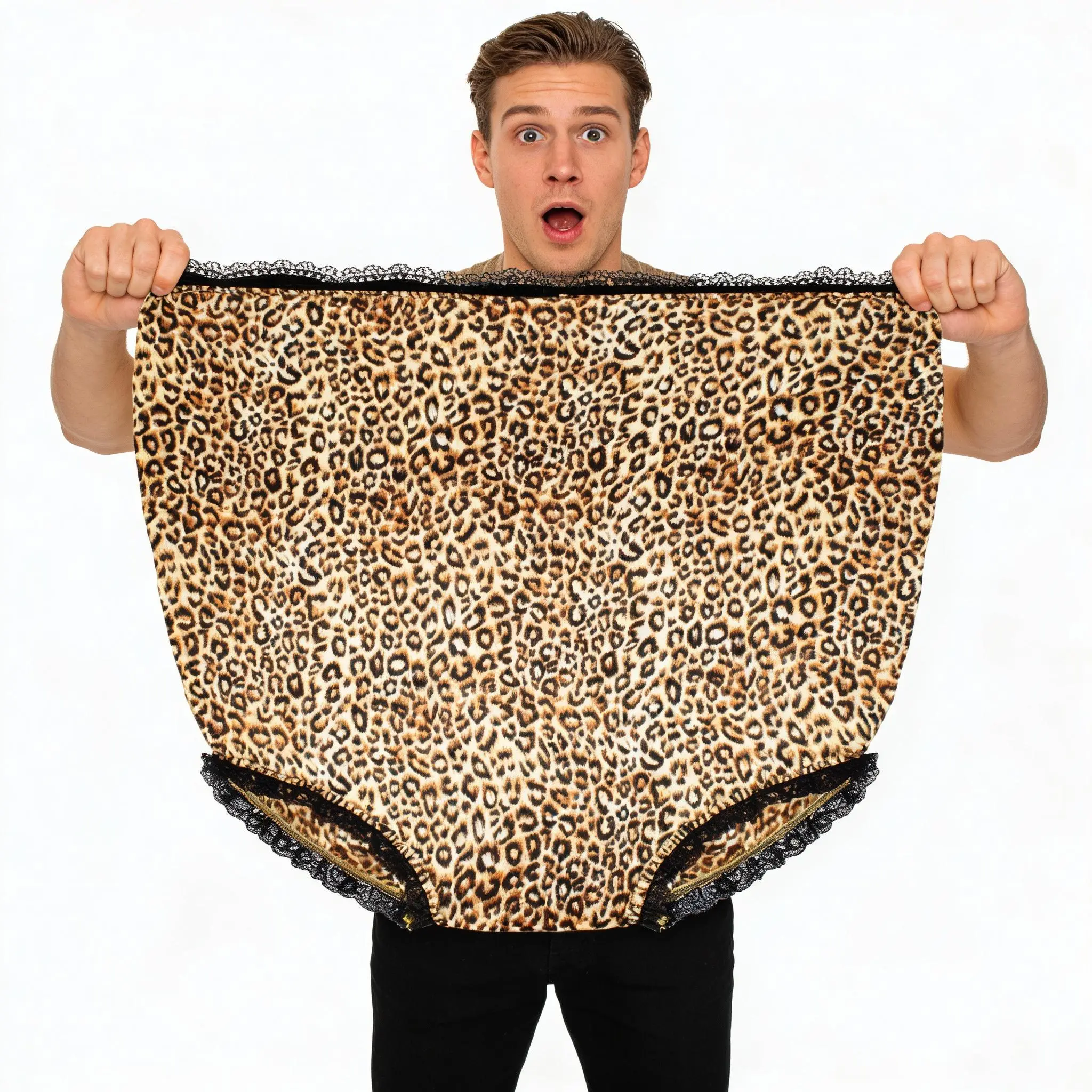 Unisex Adult Plus Size XXL Giant Basic Silky Satin Soft Novelty Granny Panties - Leopard Print, Lace Trim, Blingy Diamond Ring Design, Fits Festive Party Vibe, 10/10 Prank Potential, Bride Gift (Party Hats Masks & Accessories), Party Prank