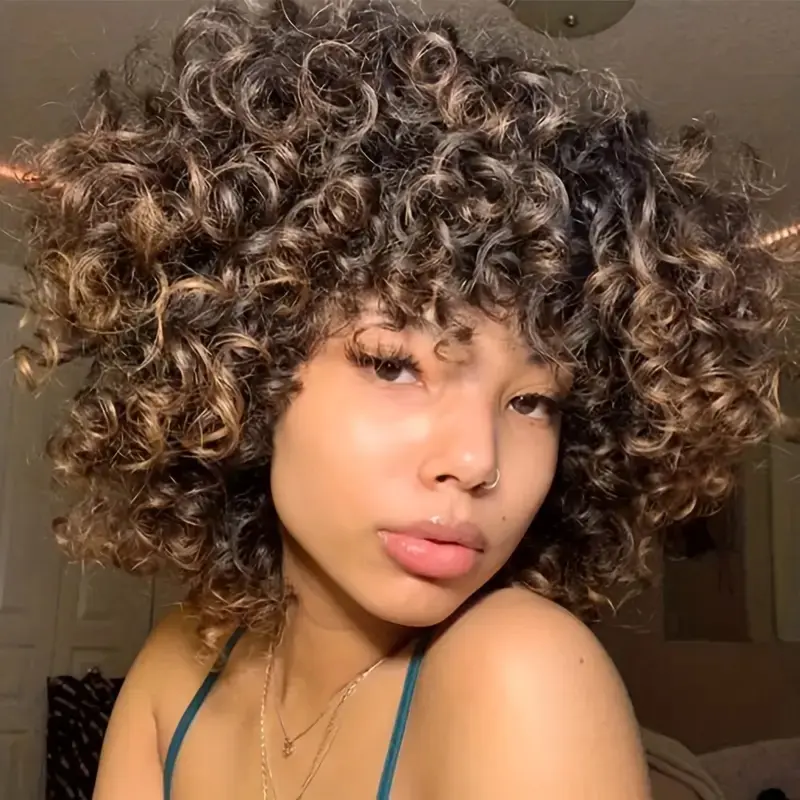 Women's Afro Curly Wig With Bangs Black to Light Brown Ombre Wig14 Inch 180% Density Heat Resistant Synthetic Hair - Ombre Rose Net Cap Glueless Wig for, Elegant Big Curly Style for Daily, Party, Cosplay, Party Accessory, Comfortable Fit Cap