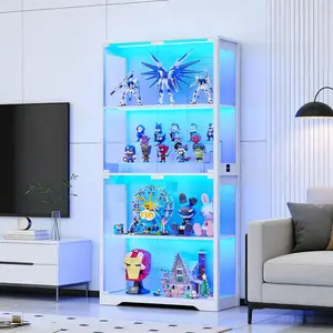 BROTTAR Display Cabinet with Glass Doors, 4-Tier Curio Cabinet with 3 Color Lights for Collectibles, Glass Display Case with Human Body Sensor, Bookcase with 4 Shelves, Storage Cabinets, White，Gray，Black