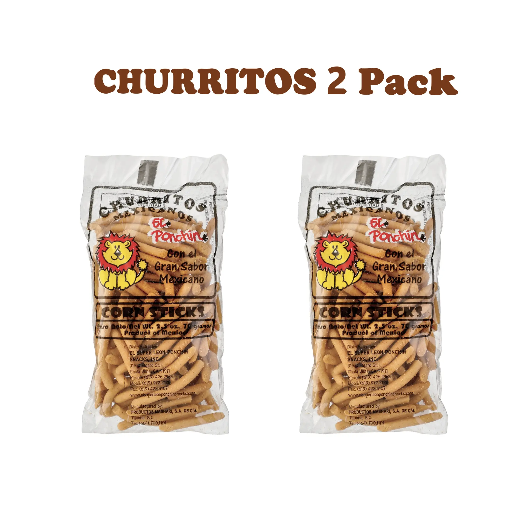 Churritos Chips Mexicanos El Ponchin  El Super Leon Churro Delgado Corn Sticks 2.5 Oz (2 Pack)