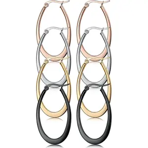 Unisex 4-Pair Colorful Stainless Steel Hoop Earrings Set - Round Shapes, Teardrop, Large Styles with Metal Coating, Geometric Design for Daily Wear, Fashion Costume Jewelry Accessory, Four Pairs