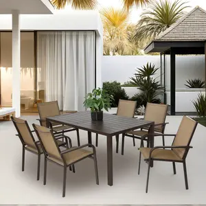 [Bellemave]7 Pieces Patio Dining Set,  Outdoor Furniture Table and 6 Textilene Chairs, Outdoor Furniture with Rectangular Table and 6 Stackable Chairs Family Conversation Set for Garden Backyard Deck-Brown