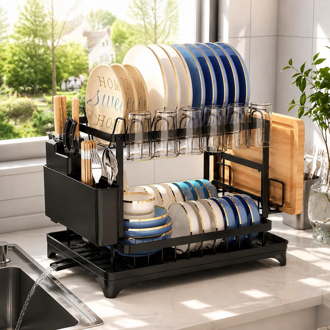 Drying Rack Kitchen, 2 Tier Dish Drying Rack, Space-Saving Large Dish Racks for Kitchen Counter with Drainboard Extendable Spout Strainers & Utensil Holder and Knife Slots