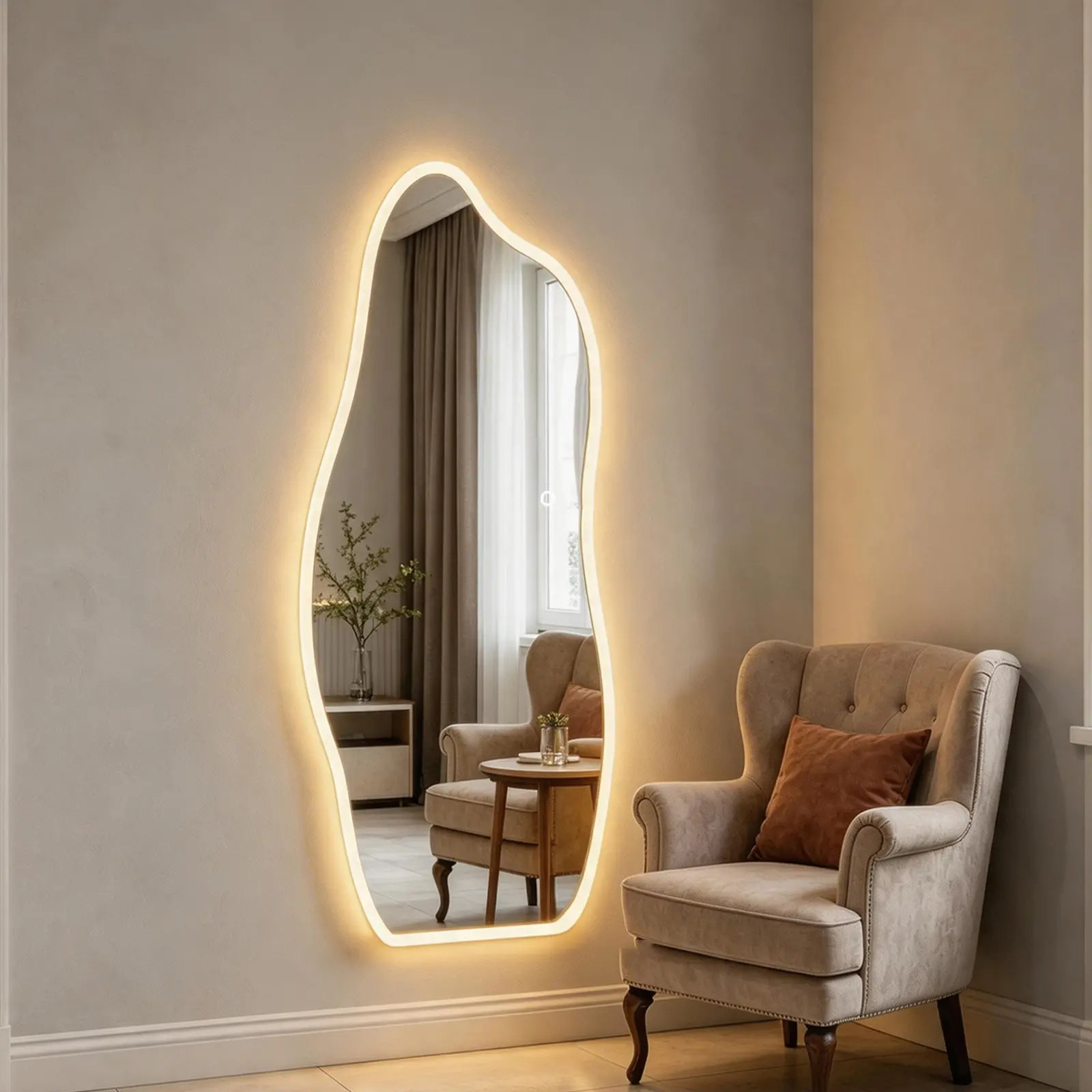 65" x 25" Irregular LED Full Length Mirror, Tempered Glass Asymmetrical Full Body Mirror with 3 Color Adjustable Lighting, Touch Control Lighted Dressing Mirror for Bedroom, Closet, Dressing Room & Modern Home Decor