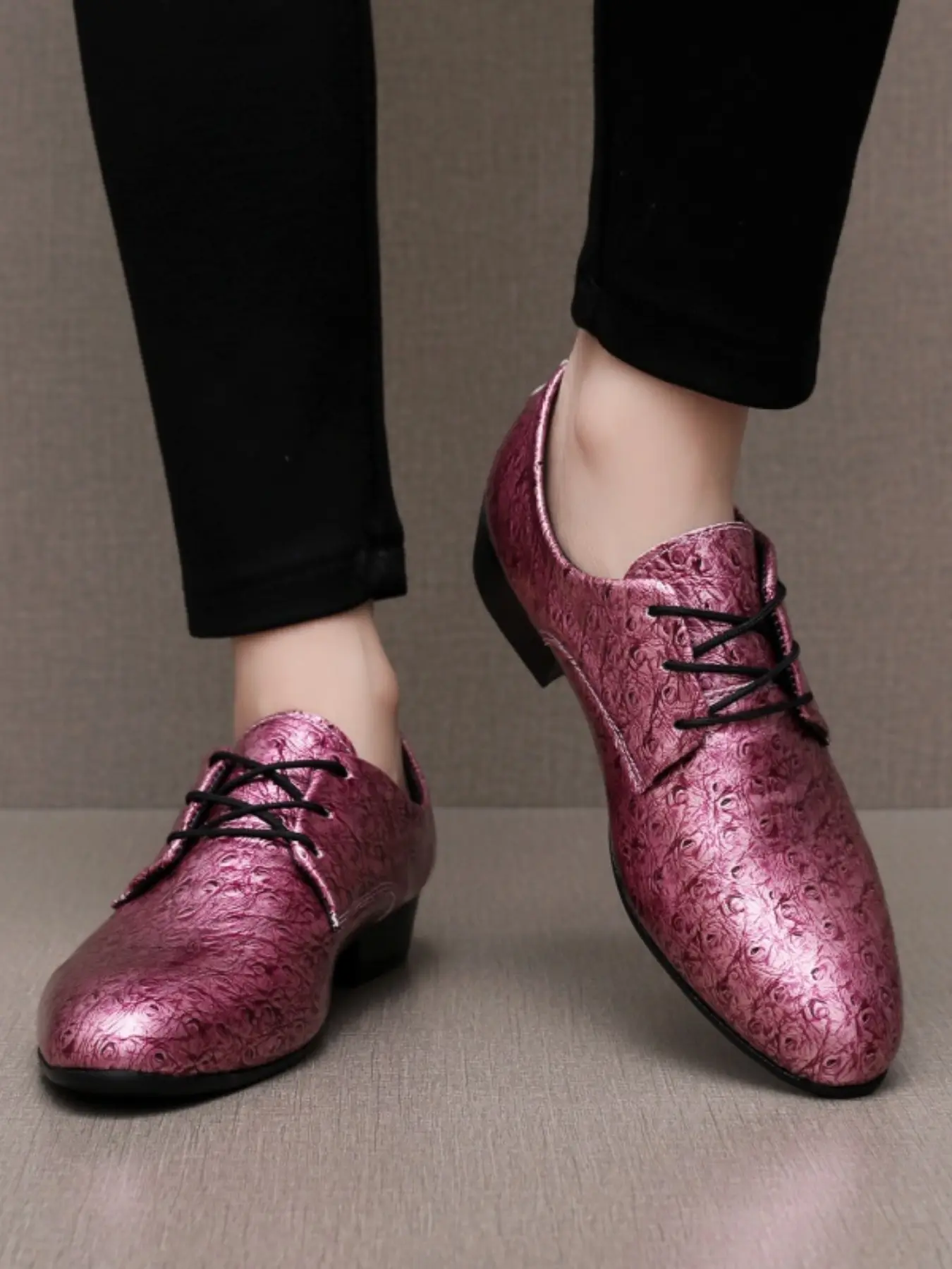 Men's Large Size Early Spring New Arrival Ostrich Pattern Glossy Single Shoes, Fashion Casual Commuter Shoes, European and American Style