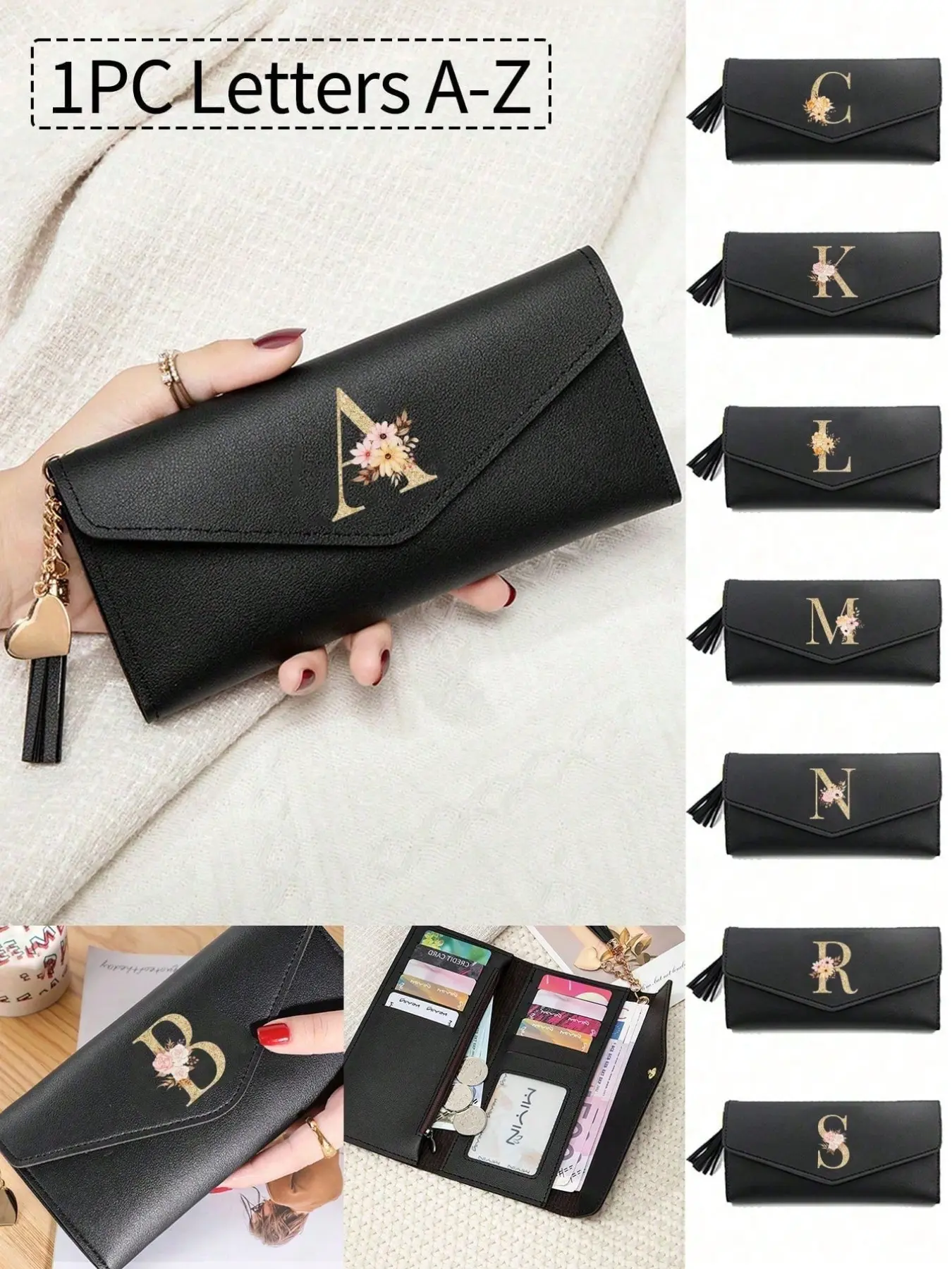 1 women's long folding wallet, black PU leather, with floral gold letters A-Z, cute girl coin purse, fashionable ladies' card holder mini tassel wallet, waterproof and portable, Stylish Wallet, Credit Card Holder