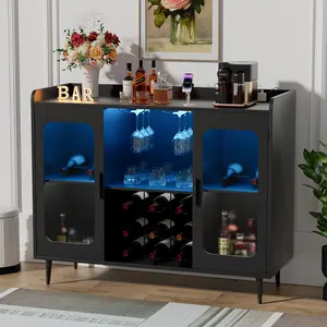 Homieasy Wine Cabinet, Liquor Wine Cabinet Bar with Power Outlet and LED Light, Wine Bar Cabinet with Wine Bottle Rack, Home Coffee Bar Cabinet with Storage Shelf for Kitchen, Dining Room