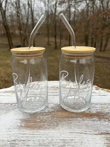 16oz Clear Glass Bridesmaid Cup with Bamboo Lid & Glass Straw - Drinkware Customized Handmade