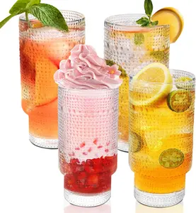 Hobnail Drinking Glasses Set of 4,Clear Vintage Beaded Glass Cups for Beer,Water,Juice,Smoothies,Cocktail Glasses Set for Home,Bar uses, Birthday Dish