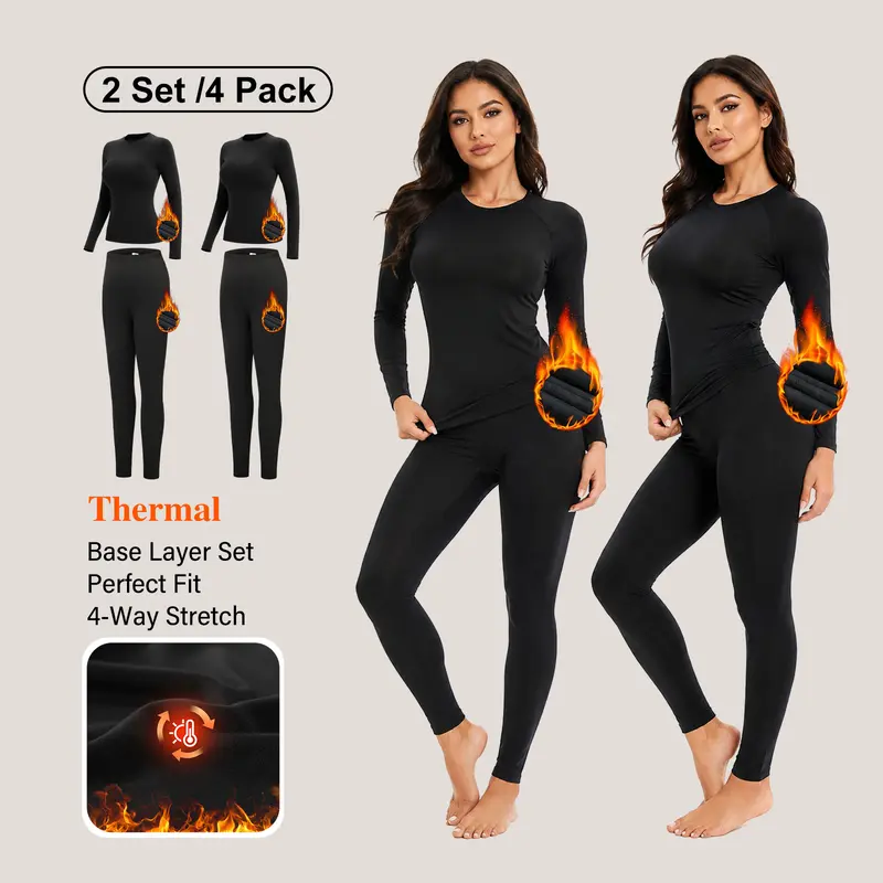 Female-Specific 4-Pack Plain Knit Thermal Sets, Polyester-Elastane Fleece-Lined Crew Neck Base Layer Wear, Full-Length Long Johns Tops & Bottoms, Ultra-Warm Pajamas for Athletic Activities