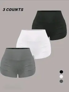 Women's slim shorts three-piece set, side curled design is suitable for home and sports, and slim hip-packing is suitable for warm weather clothing, Casual Activewear, Fitness Activewear, Sportswear Set, Fitness Outfits