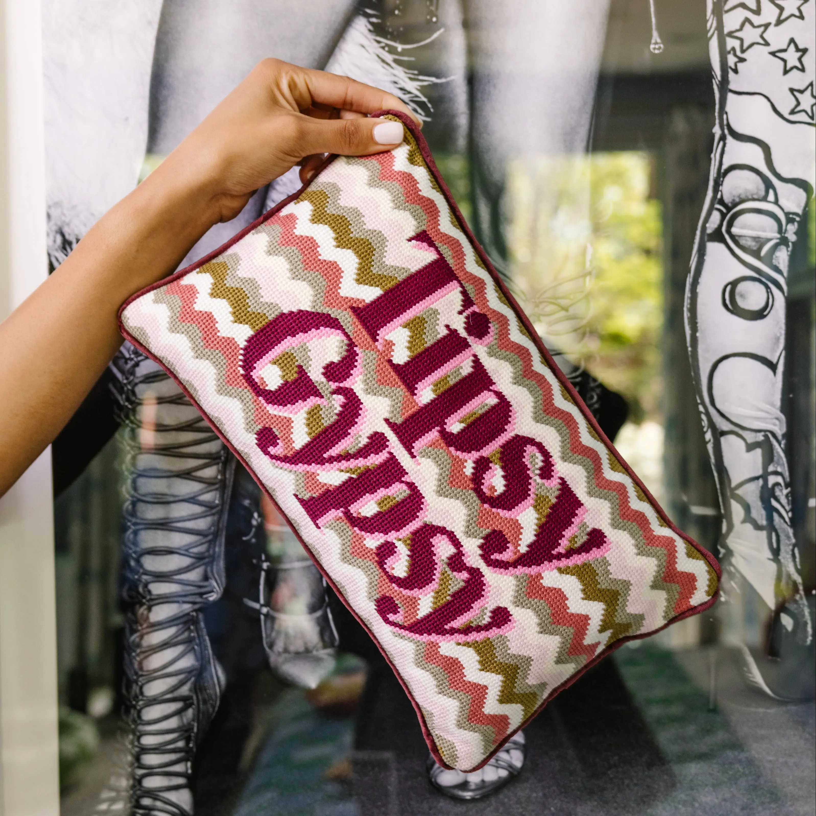 Tipsy Gypsy Embroidered Velvet Needlepoint Pillow - Charming Playful Patterns, Decor Accessories for Living Room Room Decor, Soft Home Textile Accent Cushion