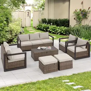 7-Person Outdoor Patio Conversation Set with Cushions, Rattan Sectional Sofa Set with Storage Coffee Table, Aluminum Frame Patio Furniture for Backyard, Garden, Poolside