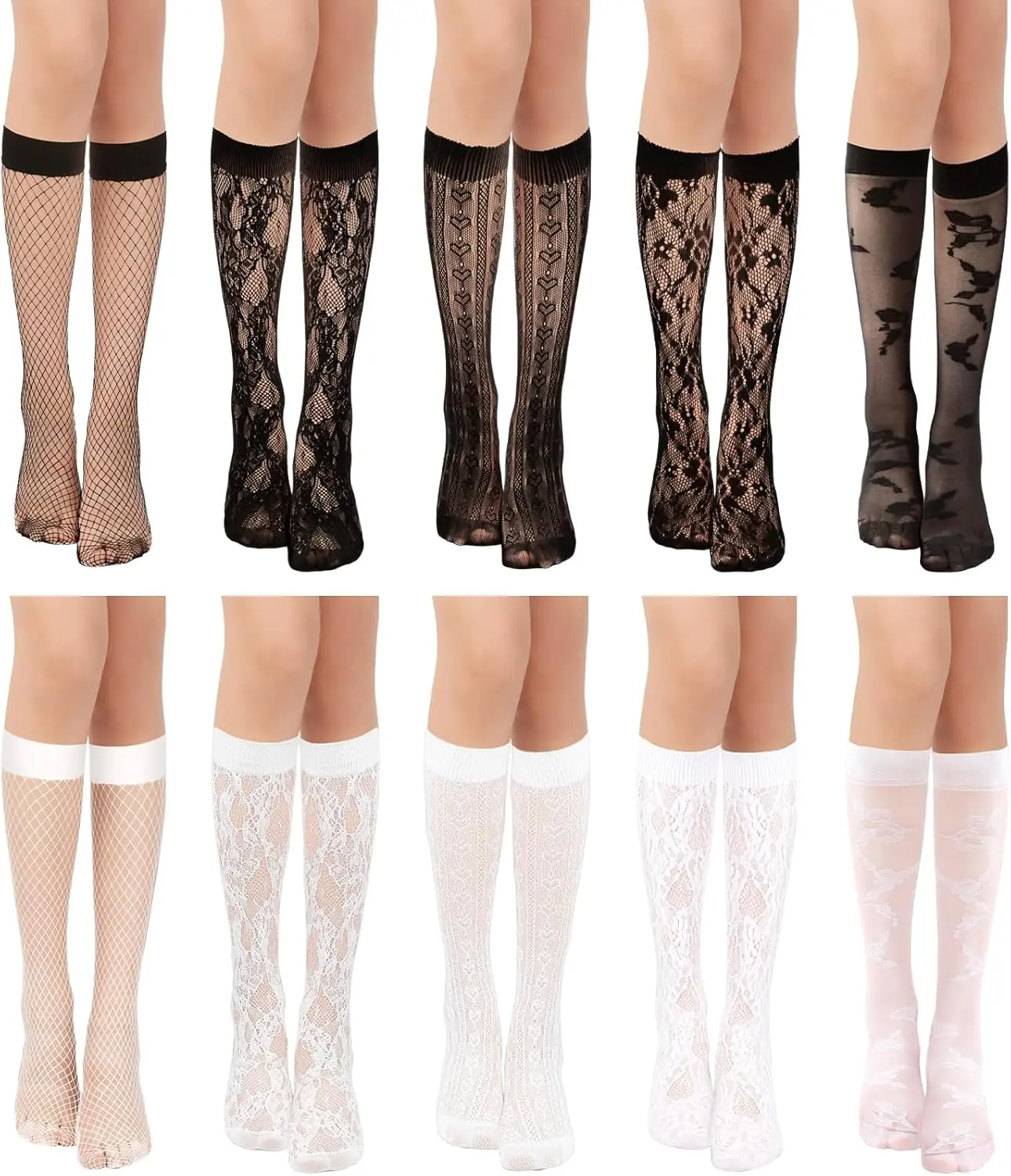 Women's Lace Knee High Socks, Sexy Sheer Fishnet Lolita Socks Mesh Hollow out Sock with Jacquard Pattern