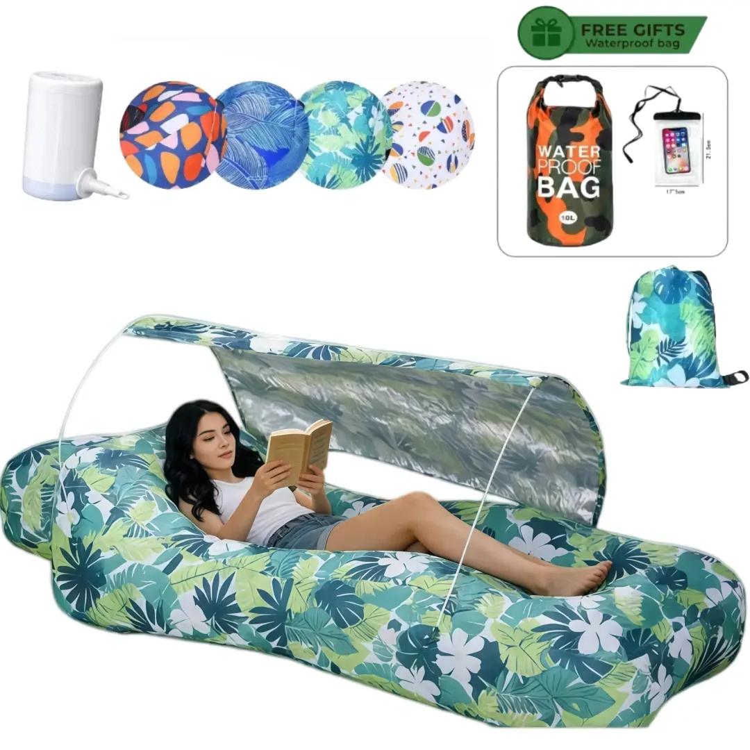 Inflatable Lounger with Canopy UPF 50+ Sun Shade Portable Air Couch Blow Up Chair Beach Essentials Pool Camping