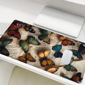 Vintage Butterfly Pattern Mouse Pad, Rectangle Gaming Mouse Pad, Non-Slip Rubber Base Stitched Edge Desk Pad for Home Office Game Room