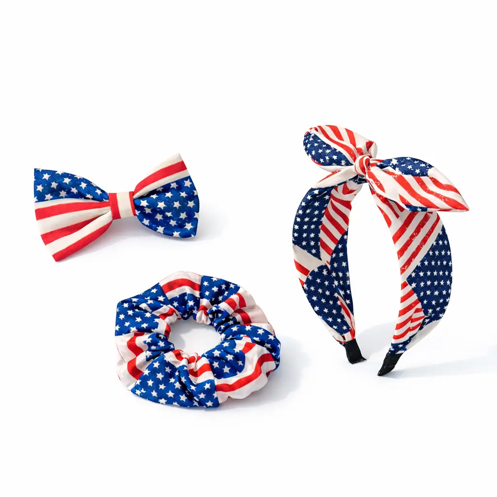 4th of July Hair Accessories Set – USA Flag Headband, Bow Hair Clip & Scrunchie for Women & Girls Patriotic Outfit