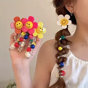 4pcs Plastic Smile Flower Spiral Hair Ties, Elegant Cute Telephone Cord Scrunchie Set for Women and Teens - Mixed Color Flower-Shaped Bubble Braid Creators