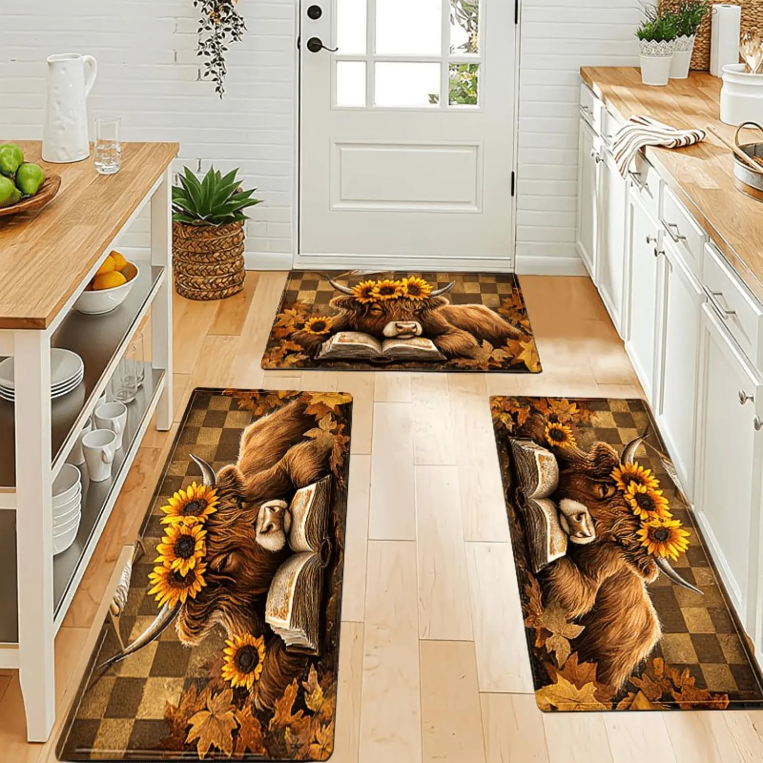 1pc Highland Cow & Sunflower Flannel Kitchen Floor Mat, Soft Non-Slip Rug with PVC Backing, Easy to Clean Scottish Cow Decor Mat, Suitable for Kitchen, Bathroom, Bedroom, Living Room, Porch