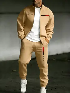 Men's Streetwear Tracksuit 2-Piece Set with PARIS Letter Print, Zip-Up Jacket and Jogger Pants