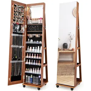 Cabinet Armoire with Wheels, 64" H Full Length Mirror, 3-Color LED Lights, Height Adjustable Shelves, Lockable Standing  Organizer with  Storage Shelves (Walnut)