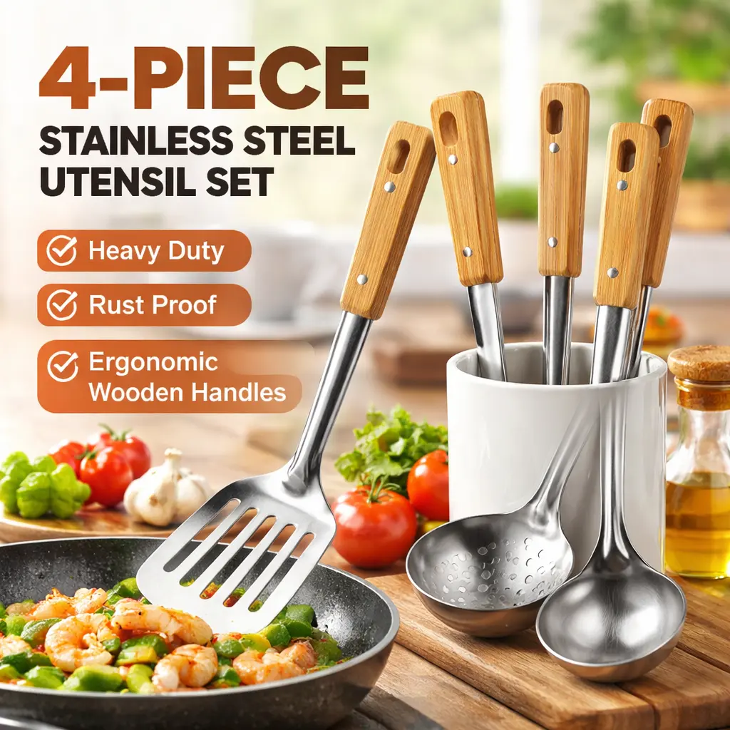 4pcs Brushed Stainless Steel Wok Utensils Set with Wooden Handles - Durable Kitchenware for Cooking, Includes Wok Spatula, Ladle, Slotted Scoop, Skimmer Soup Strainer with Hanging Hole, Dumplings Lift Fast, Grease Drains Off, Hanging Cookware Accessories